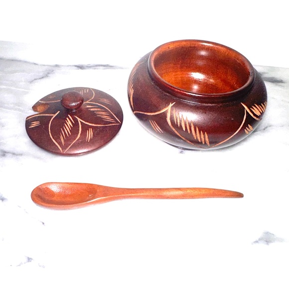 Handcrafted Wooden Japanese Style Sugar or Spice Bowl with and Lid Spoon Carved - Picture 2 of 11